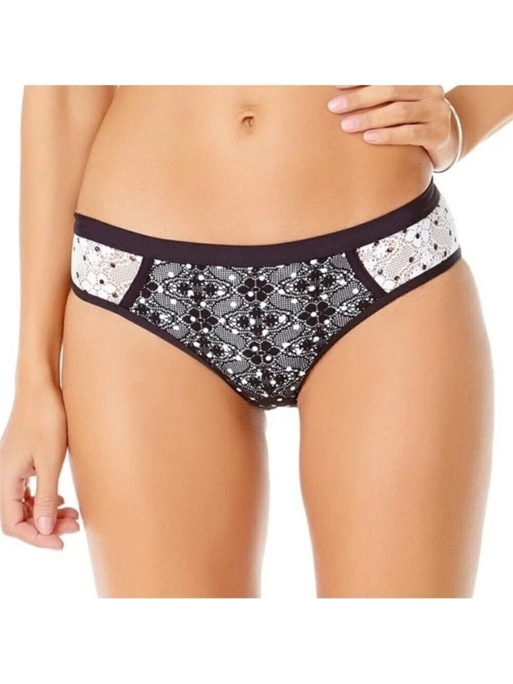 Anne Cole Lace Dot Crochet Mid-Rise Bikini Bottom - Black White - Size S NWT